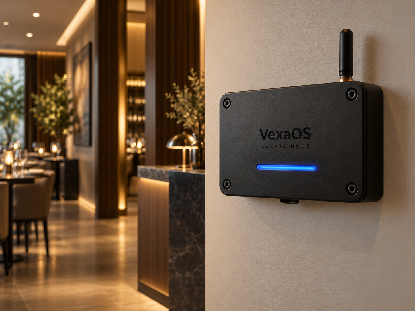 Locate Node mounted on a wall in a restaurant dining room.