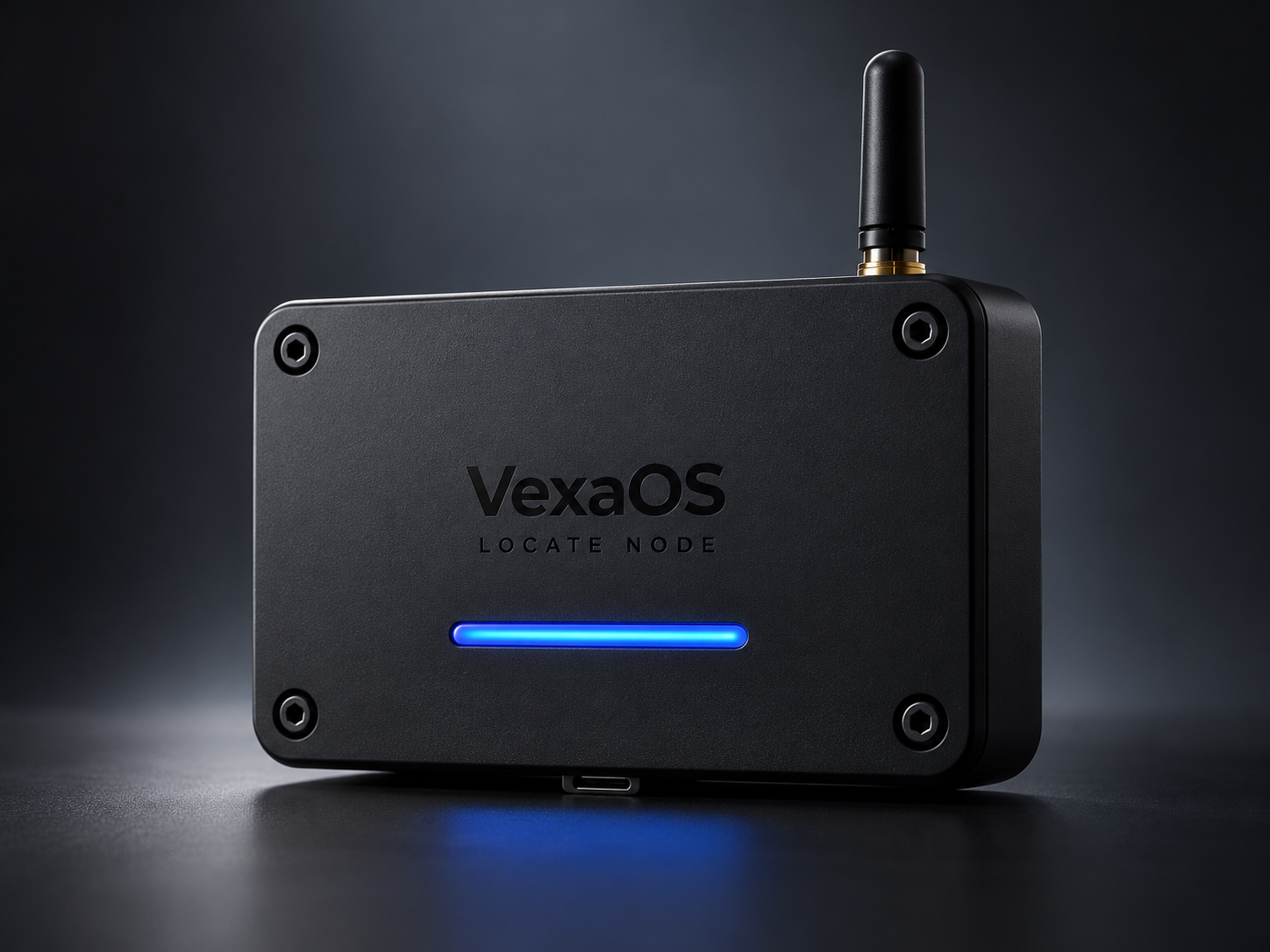 VexaOs Locate Node: a matte-black wall gateway with an external antenna and a glowing blue status light bar.
