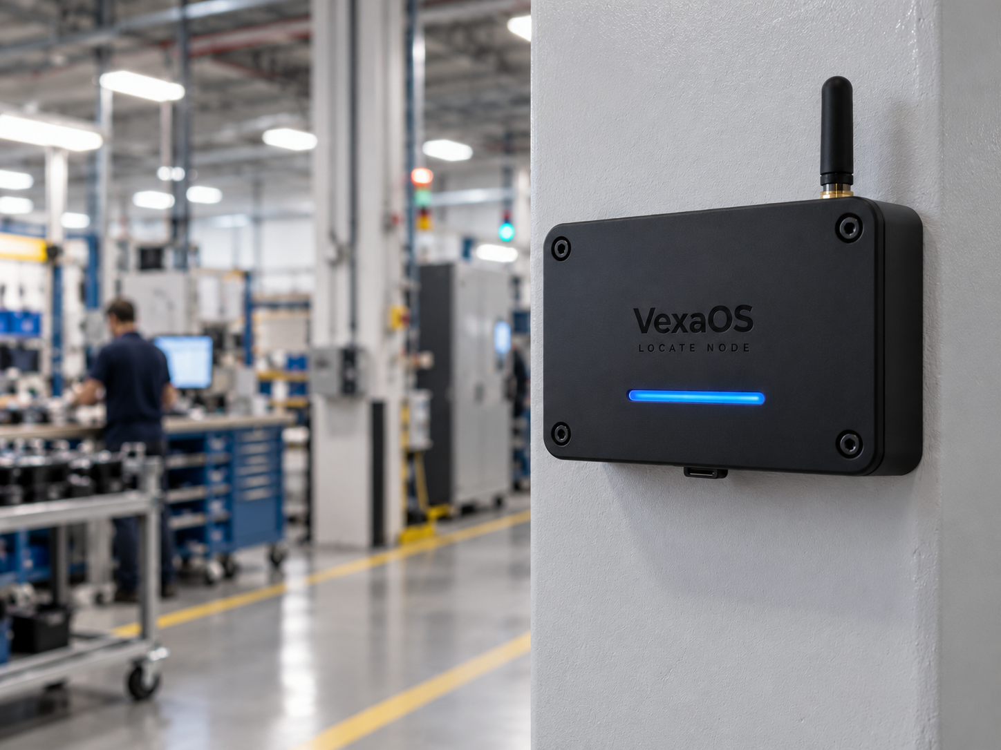 Locate Node mounted on a pillar in a manufacturing facility.